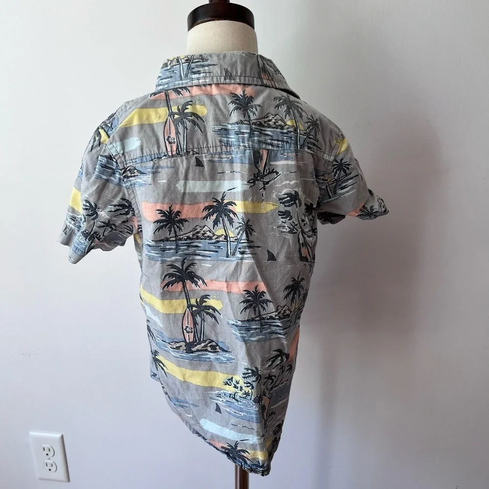 Gymboree Button Front Shirt Gray Tropical Palm Tree Surfboard XS‎ 4 Short Sleeve
